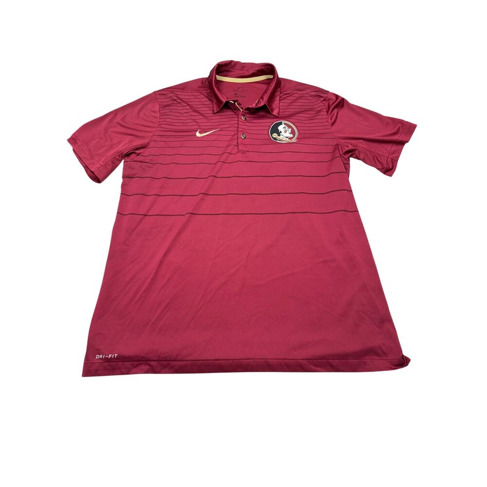 Nike Mens Dri Fit performance polo red stripe, FSU patch. Size L. Florida State